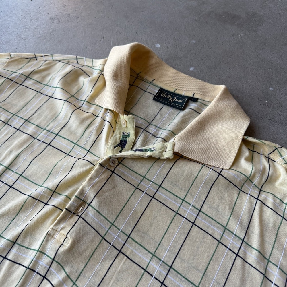 Bobby Jones Collection Golf Embroidered Plaid Polo‎ Shirt Yellow Cotton Size L
